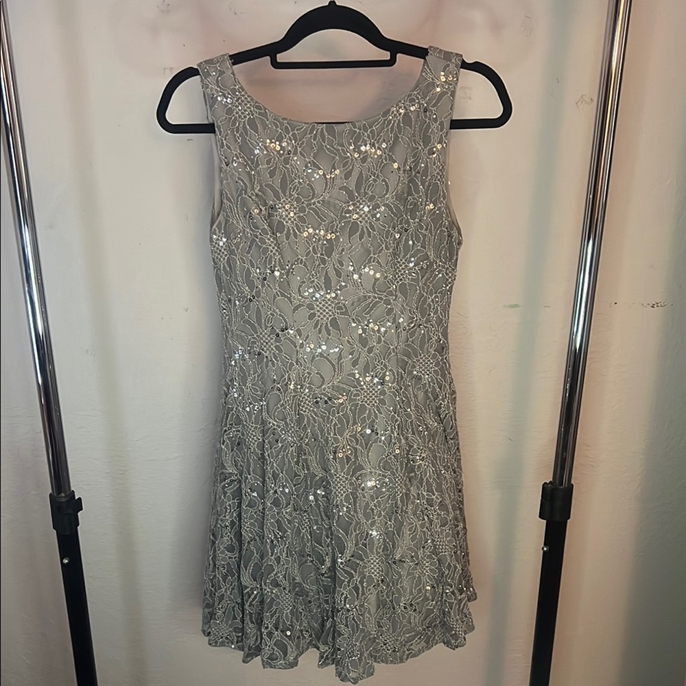 B Darlin Gray Mini A-line Sleeveless Cocktail Dress with Scoop Neck